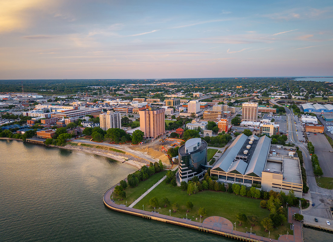 Newport News, VA - Aerial View of Newport News, Virginia With a Water Front and City Buildings